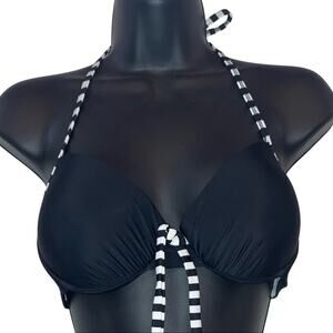 InMocean Black Bikini Top Medium Halter Tie Front Striped String Swim Top